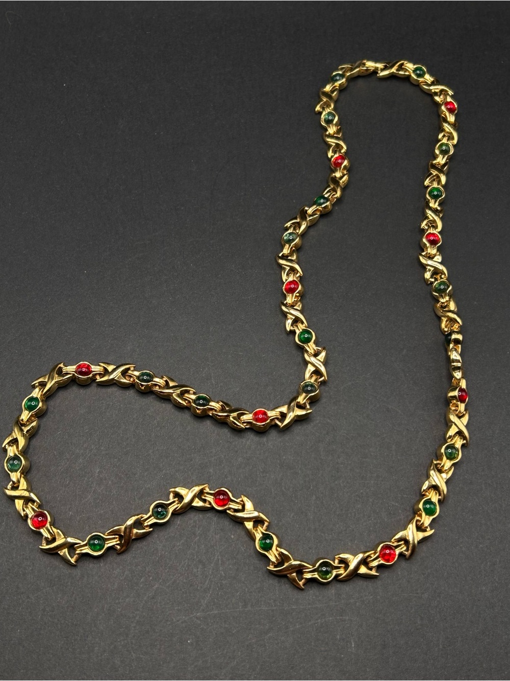 VTG 1980s Gold X Chain Necklace with Red Green Gripoix Stones 28” Designer